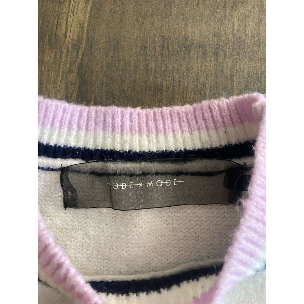 Code Mode "MONDAY" Crewneck Sweater with Pink & Navy Trim - Picture 2 of 3